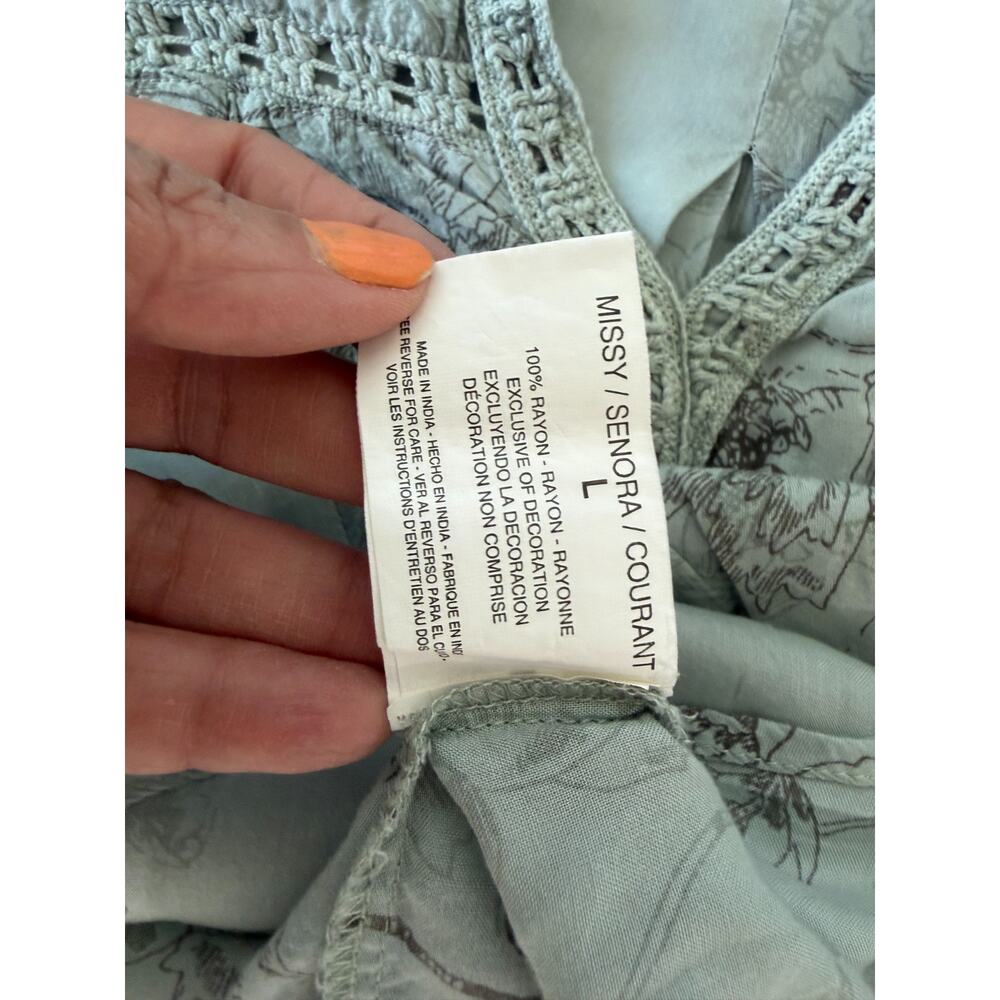 Vintage America Boho Peasant Tunic Top sage Floral Crochet Trim Cottagecore L - Picture 8 of 10